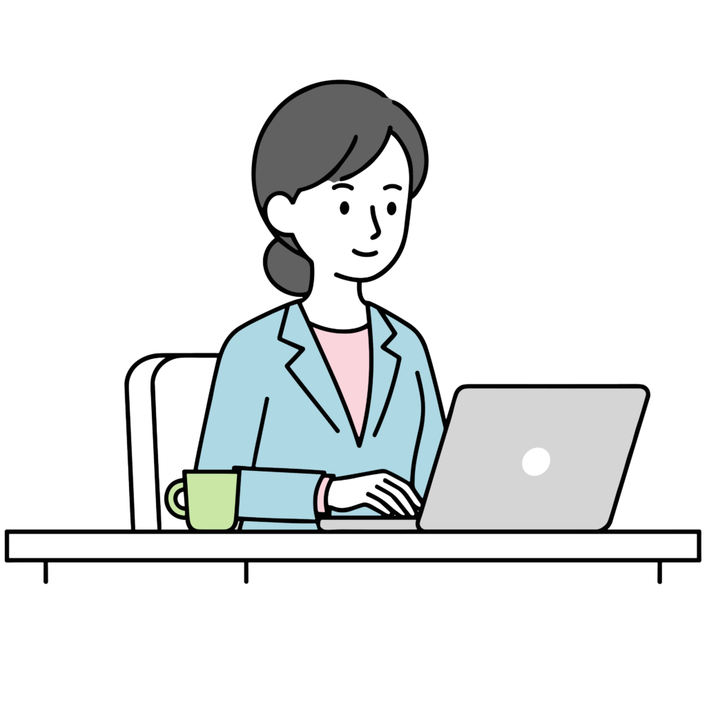 ノートパソコンでデスクワークをする女性会社員のイラスト