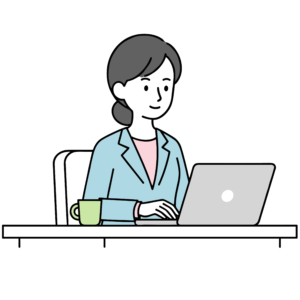 ノートパソコンでデスクワークをする女性会社員のイラスト