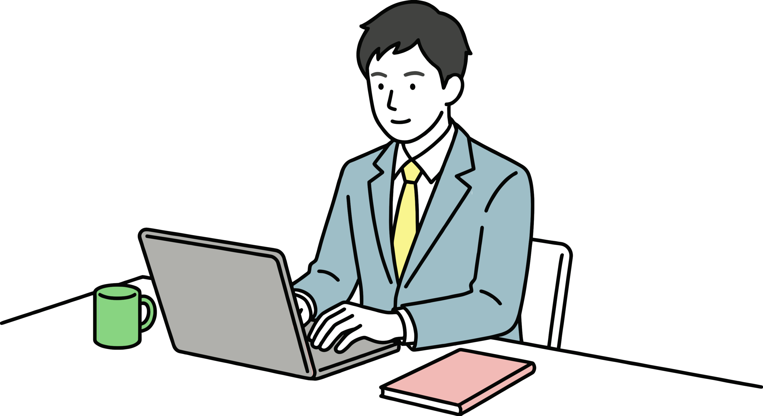 ノートパソコンで真剣にデスクワークをする男性会社員のイラスト